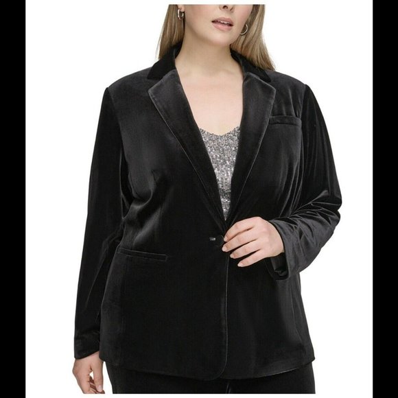 Calvin Klein Velvet Blazer Jacket Women's Plus Sz 22W Black One-Button Lined - Picture 6 of 15